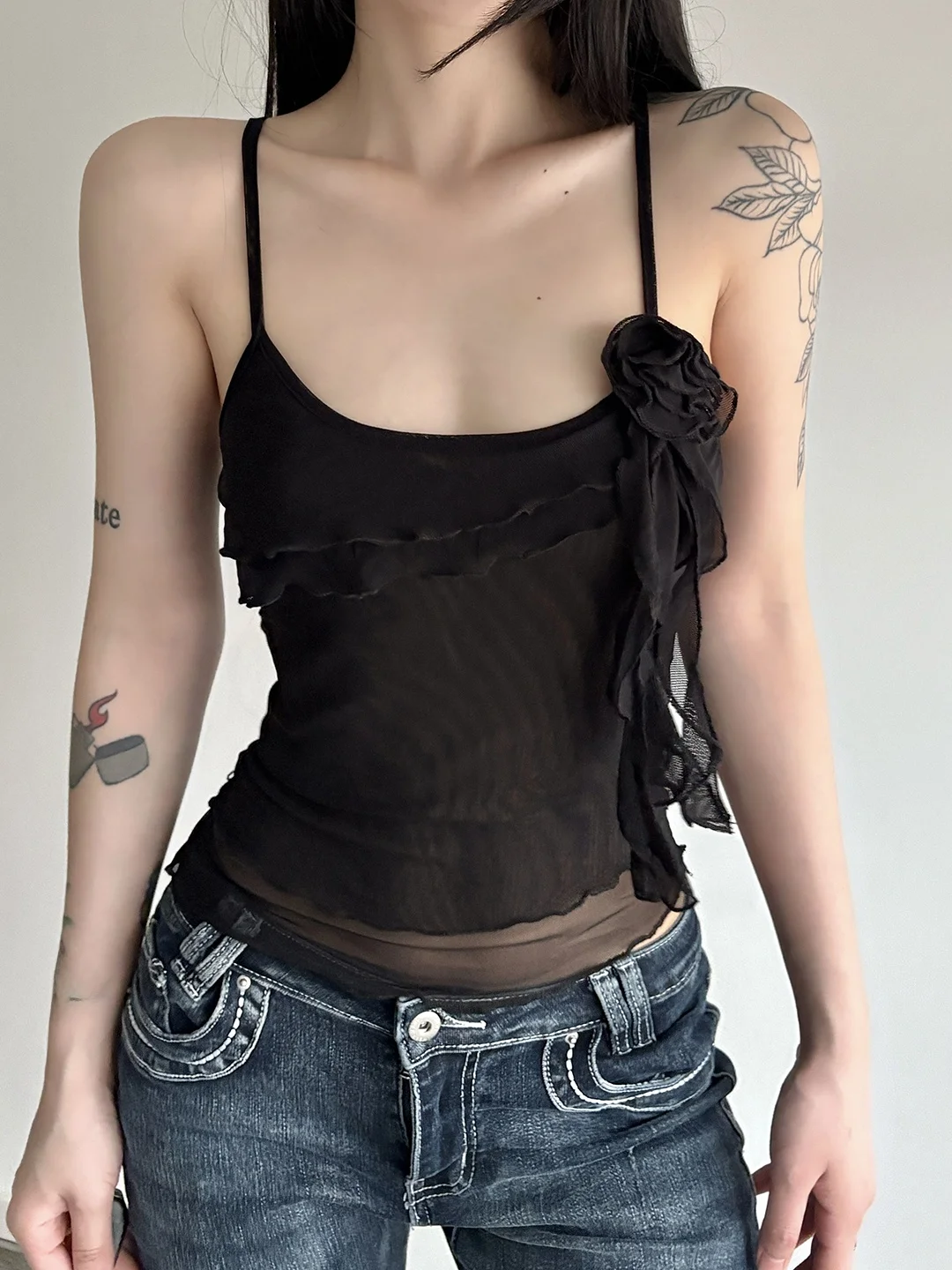 

WEEKEEP Sexy Black Mesh Vest Irregular Hem 3D Flower Sash Street Style Slim Fit Short Length U-Neckline Polyester Blend for W...