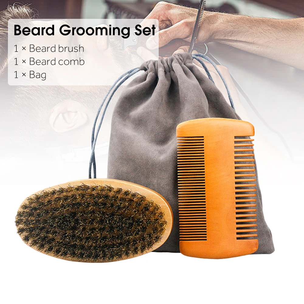 Boar Bristle Wood Beard Brush Hairdresser Shaving Tools Men Mustache Comb With Gift Bag Barber Beard Grooming Set Hair Comb Kit