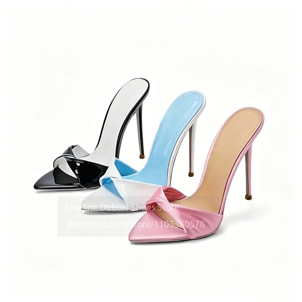 Two Tone Satin Twisted Front High Heel Mule Sandals Slip on Pointed Toe Thin Stiletto Heel Slippers Wedding Club Daily Party