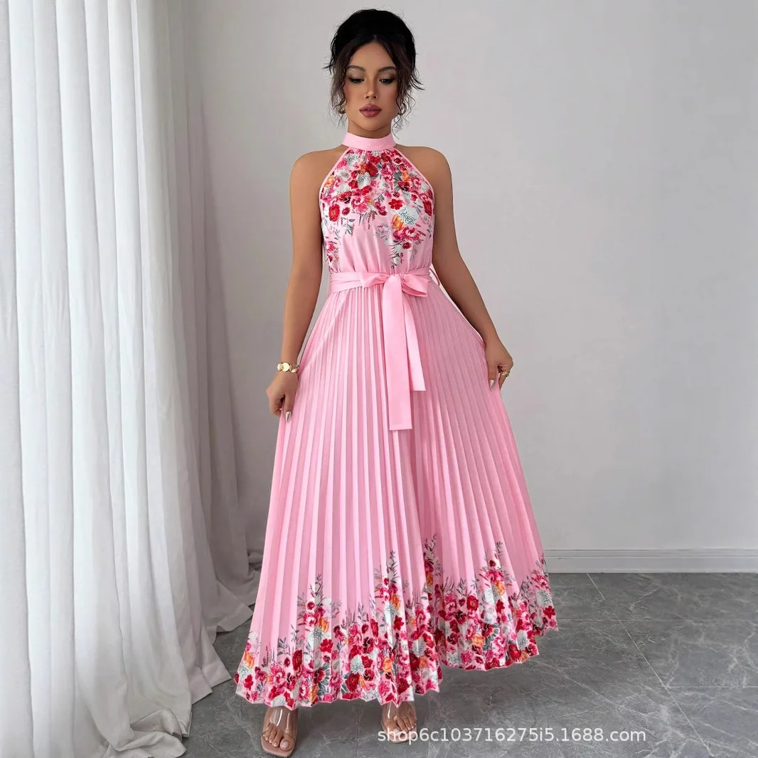 ヨーロッパ系アメリカ人女性用マキシ丈ワンピース カジュアル ノースリーブ ボヘミアン サマー レースアップ 花柄 レトロ プリーツ ロングドレス ベスティドス