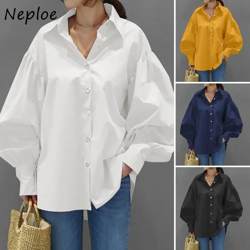 Kuzuwata Casual Shirts Femme Lantern Sleeve Lapel Blusas 2024 Summer Korean Simple Retro Solid Color Office Ladies Style Blouse