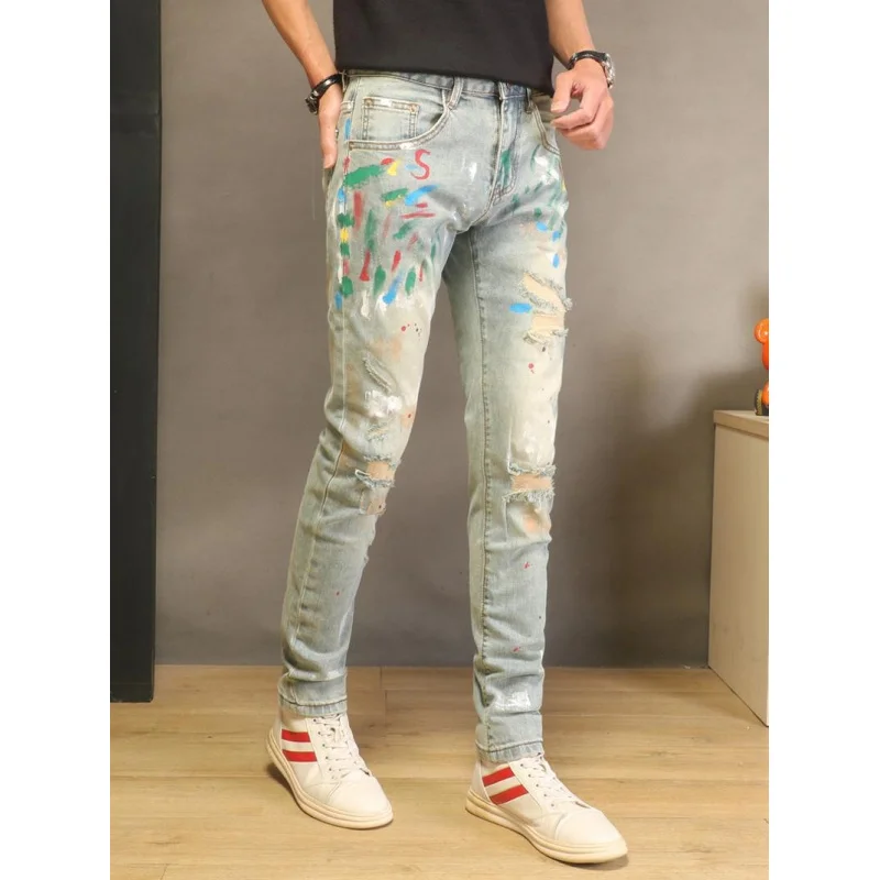 2026 New Vintage Light Blue High-End Ripped Jeans Men Fashion Paint Print Trendy Slim Fit Skinny Leg Pants
