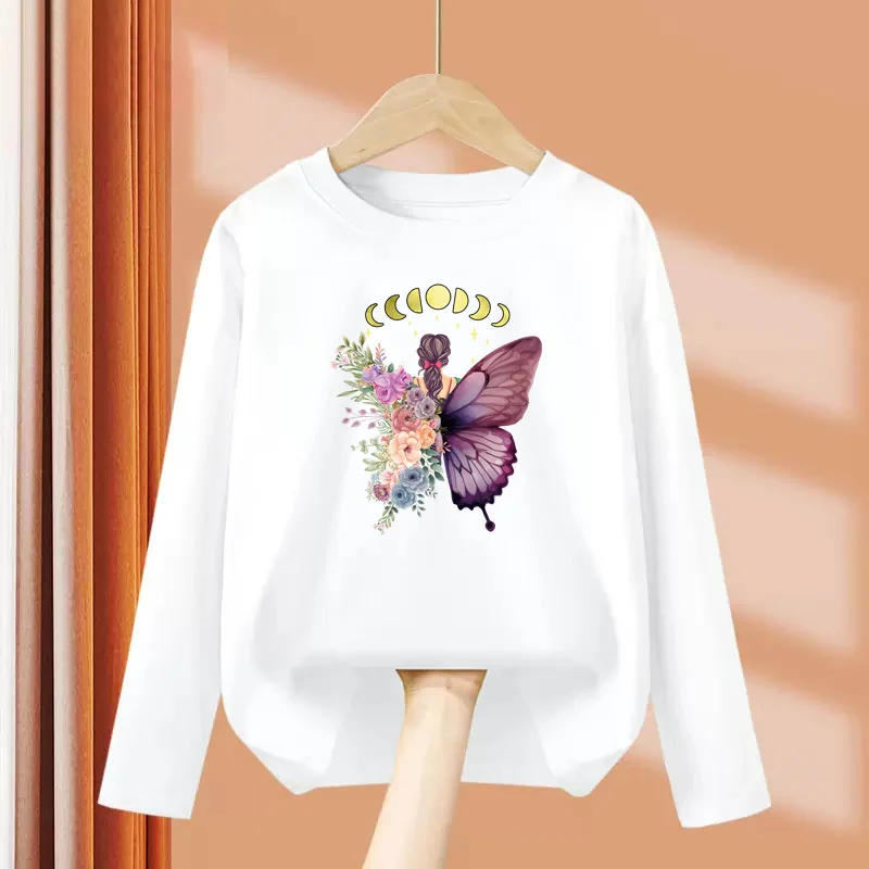 Kinder Langarm T-shirt Schmetterling Mädchen Mode Top Frühling Baumwolle Kleidung Mädchen Schmetterling Gedruckt T-shirt 3-14T