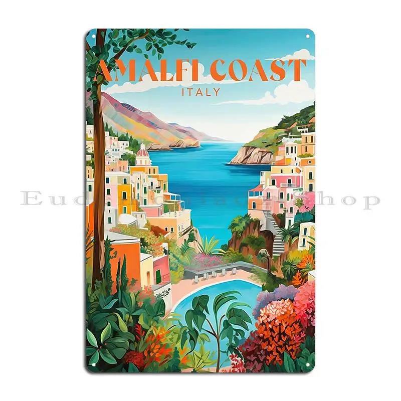 Positano Italy Travel Print Beautiful Coast Of Amalfi Metal Sign Club Club Wall Cave Rusty Designing Tin Sign Poster