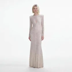 Women's Long Robes 2024 New Spring Summer Diamond Decoration Round-neck Slim Casual Long Sleeve Dress