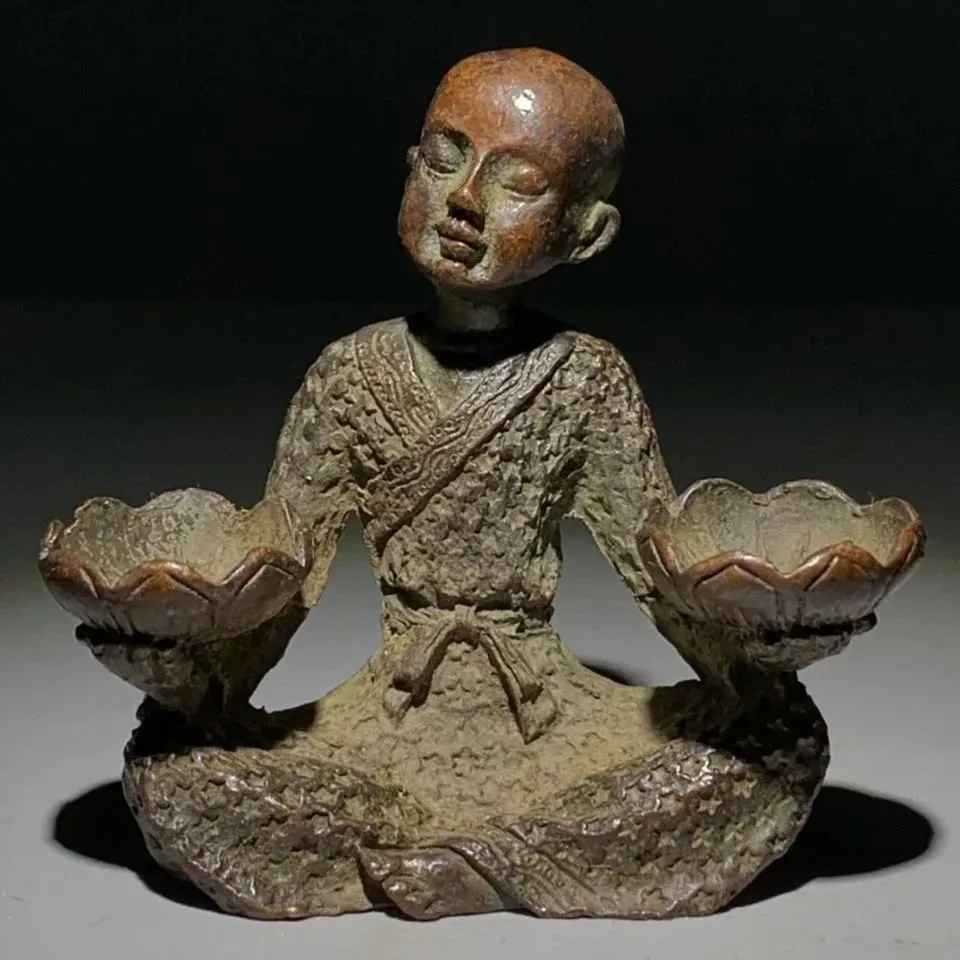 Brass Monk Holding Lotus Statue Incense Cone Burner Buddhism Zen Candle Stick