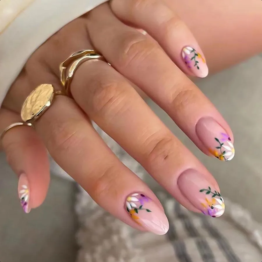 

French Tip Pr on Nails Medium Acrylic Nails with Flowers Design Almond Fake Nails Nude Nails for Women