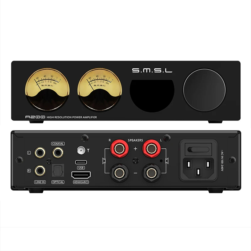 SMSL-A200 Amplificador de áudio com controle remoto, Bluetooth 5.0, HDMI-ARC, USB, potência digital, ajustável, graves, agudos, alta resolução