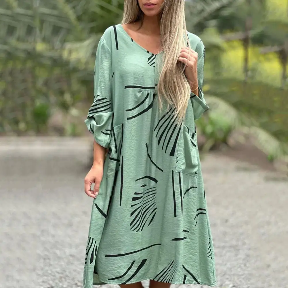 

Summer Long Dress Stylish V Neck Summer Dress with Side Pockets Curled Edge Detail Knee Length Midi Dress for Wear Commute Women