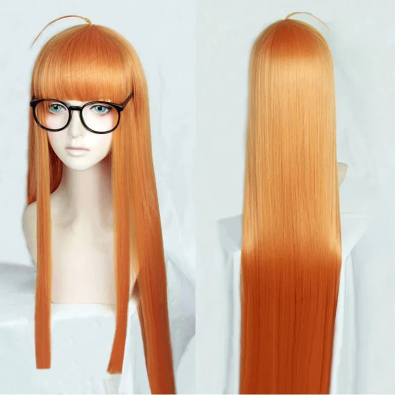 2025 yiyi P5 Persona5 Futaba Sakura 100cm Long Straight Citrus Orange Heat Resistant Cosplay Costume Wig + Track + Cap