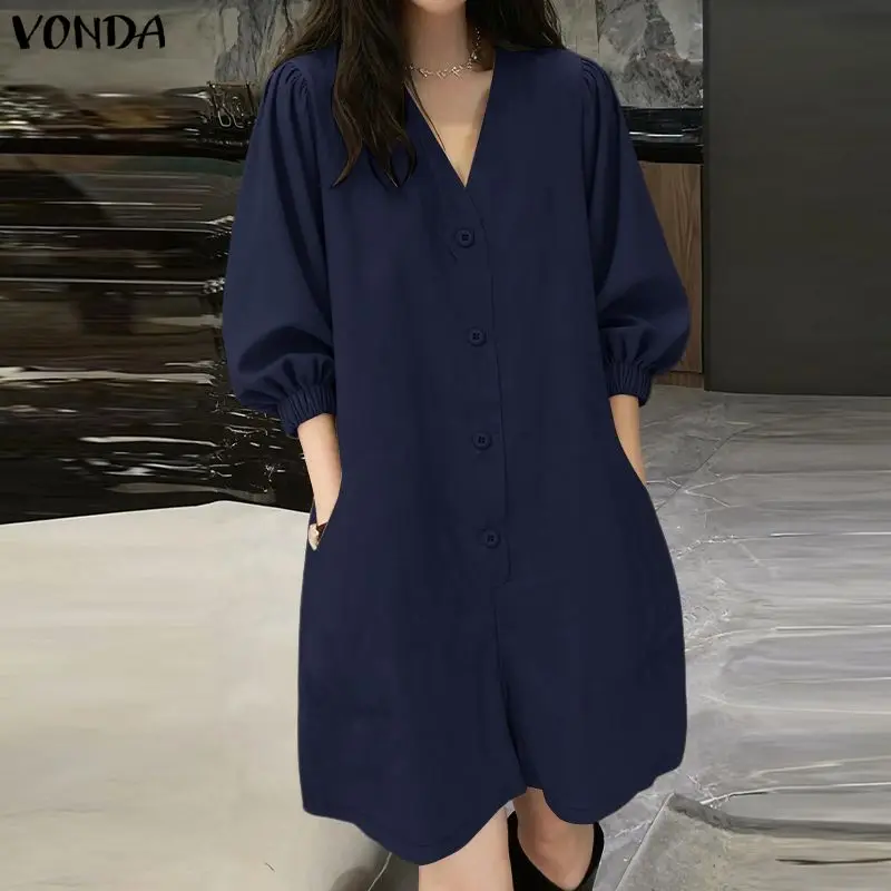 

VONDA Women Fashion Rompers Short Jumpsuits V-Neck Solid Color Female Summer 3/4 Seeve Casual Loose Party Playsuits Streetwear