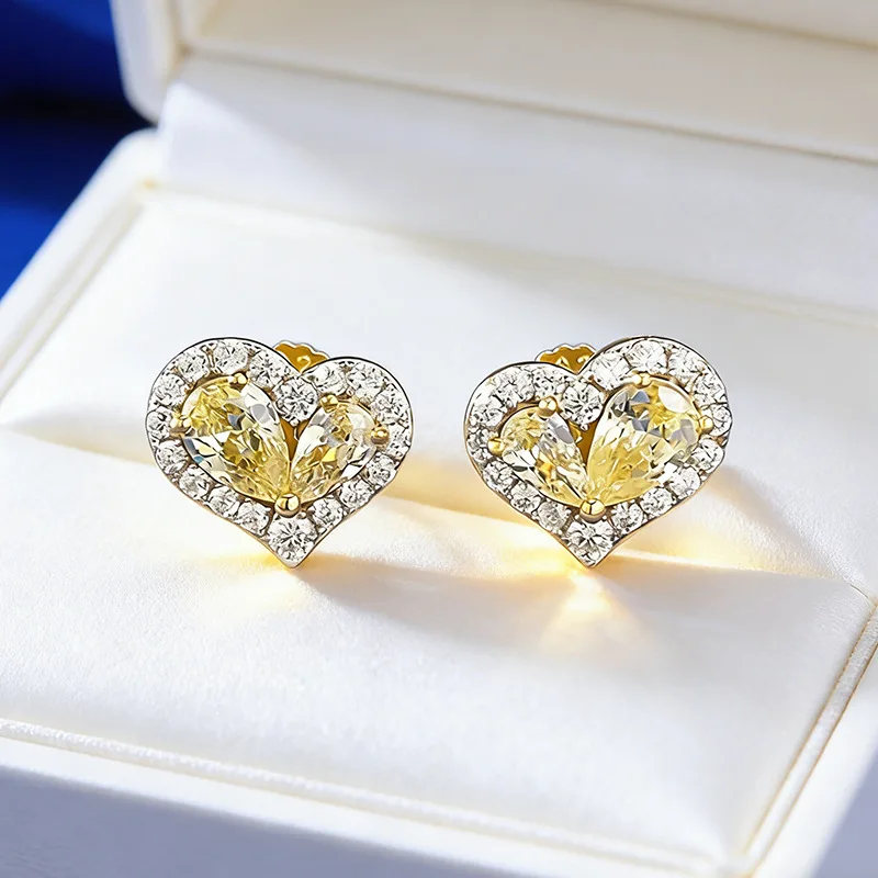 18K white gold love yellow diamond earrings platinum PT950 design commuting banquet versatile colorful treasure earrings