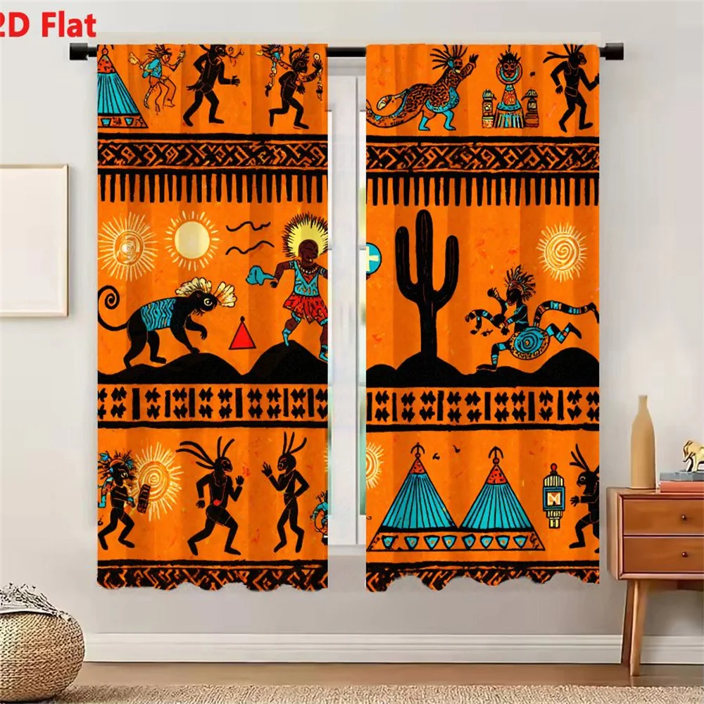 2Pcs Curtains 2D Flat Tribal-Inspired Artwork With Vibrant Orange Background Three Sections Intricate Black Borders Human-Like F
