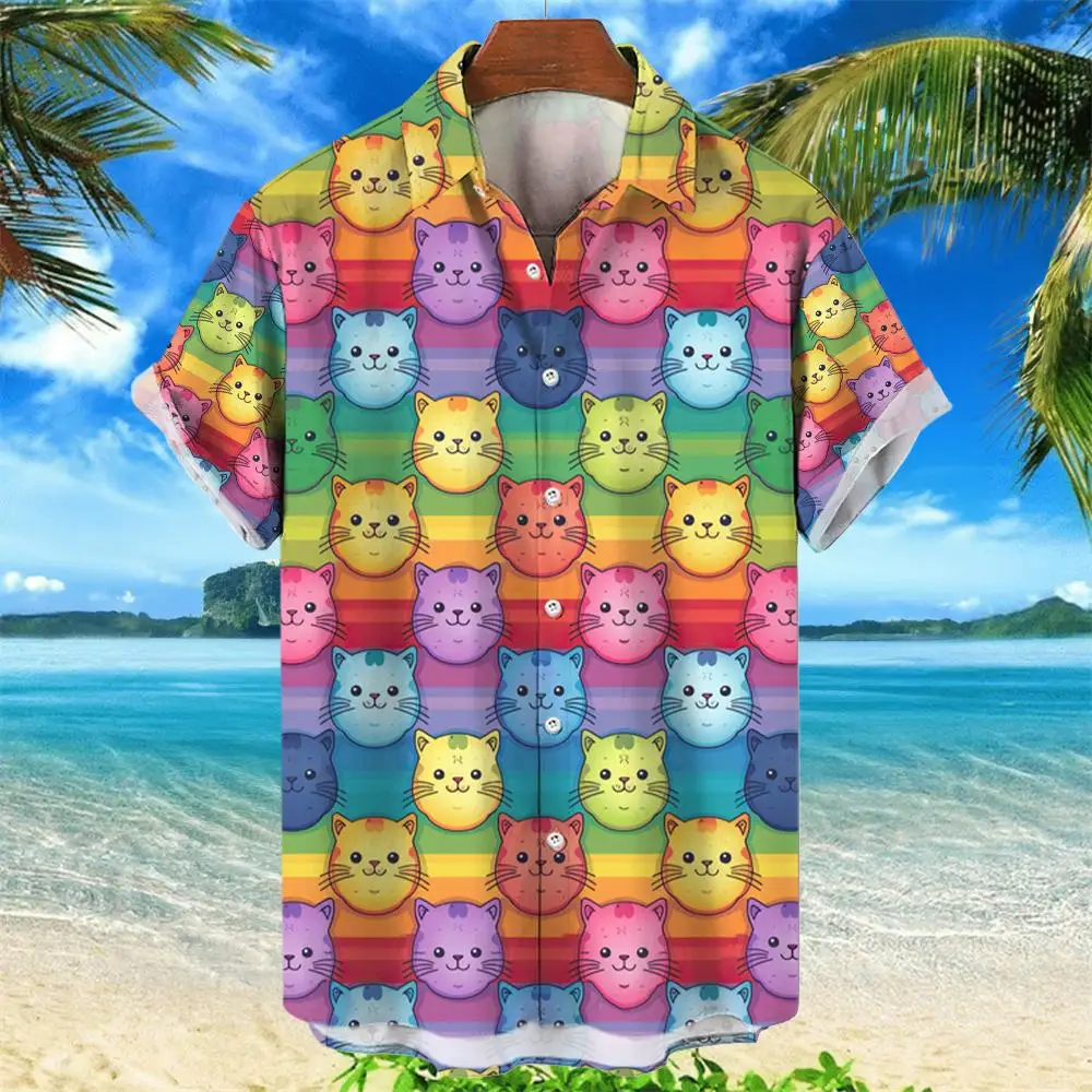 Men's Hawaiian Shirts 3D Print Colorful Cat Fashion Button Short Sleeve Lapel Streetwear Hawaiian Blouse shirts for men Summer