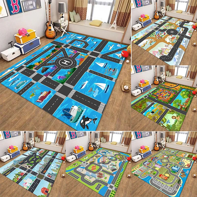 Kinderspielteppich mit Straßenkarte, Stadtszene-Muster, rutschfeste pädagogische Bodenmatte für Kinderzimmer, Spielzimmer-Dekoration
