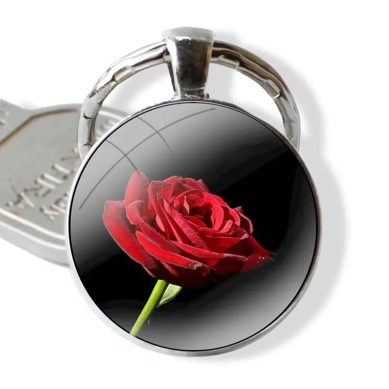 High Quality Photos Of Red Rose Flower Keychain Handmade Glass Cabochon Key Ring Holder Pendant Key Chains