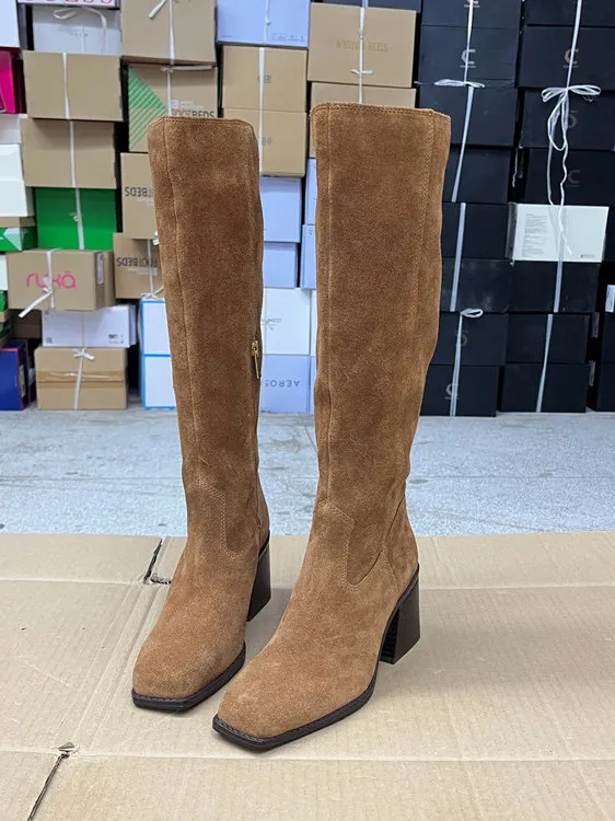 أحذية Faion النسائية من الجلد الطبيعي بسحاب جانبي ورأس مربع اللون وكعب عالٍ أحذية طويلة كورية مقاومة للماء