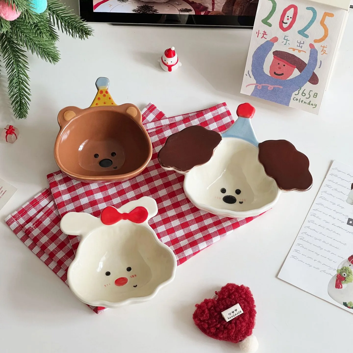 Cute Cartoon Ceramic Bowl, Hand Drawn Underglaze Color Sauce Dish Dessert Salad Bowl Microwavable Household Kitchen Cooking Tool