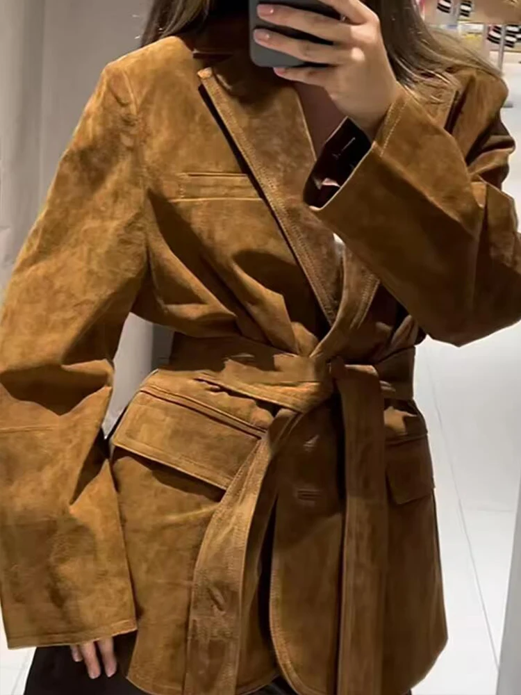 

Женский замшевый пиджак с длинными рукавами и карманами с клапаном и поясом, пиджаки, женская верхняя одежда, шикарные топы ﻿
