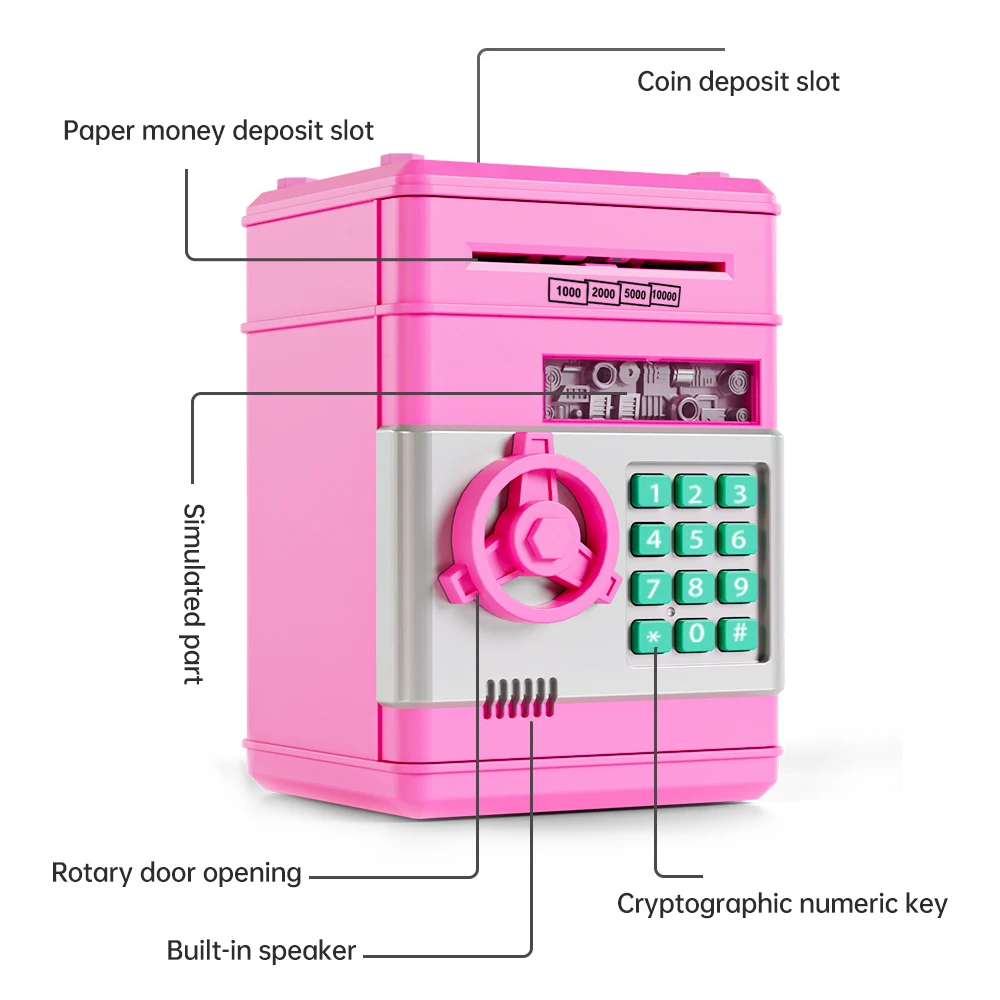 Piggy Bank Electronic Mini ATM Money Saving Box Safe w/ Password Code Cash Coins Auto Scroll Paper for Boys Girls Kids Bank Box