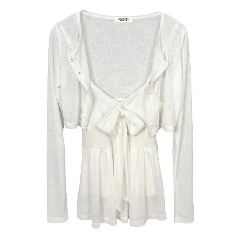 الكورية أنيقة ضئيلة مثير الرغبة النقية Bowknot حزام سترة قطعتين مجموعة أعلى للنساء التي شيرت تيز أزياء المرأة X1MY #5