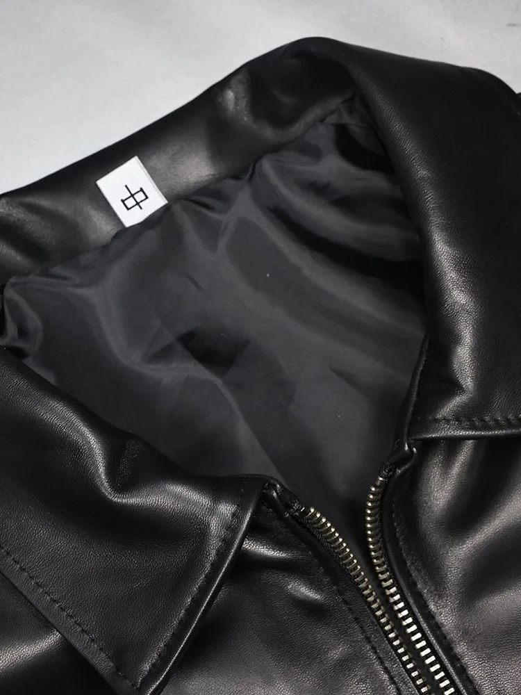 Giacca Primaverile da Donna in Vera Pelle, Colletto Rovesciato, Vestibilità Ampia, Casual, Moda Ufficio, Cappotto Morbido in Pelle di Pecora Nera