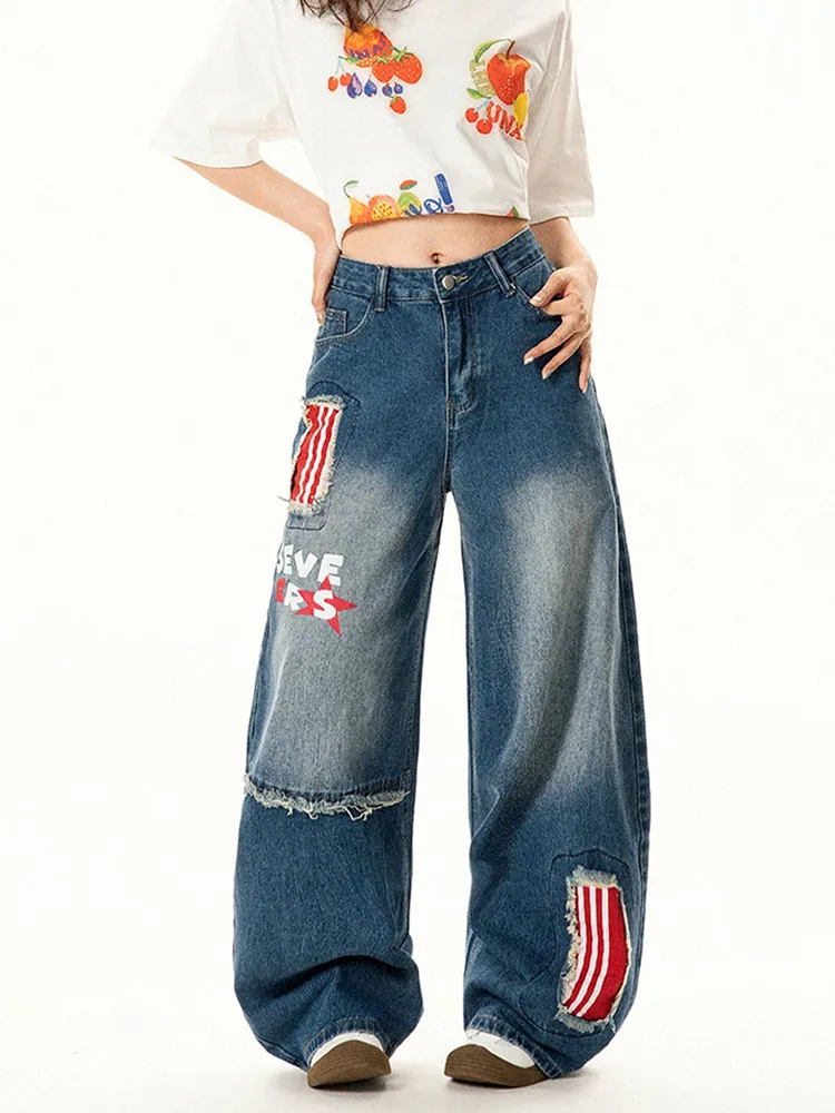 

Уличная одежда Ropa Y2K, лоскутные синие мешковатые джинсы, брюки для женщин, одежда, женские джинсовые брюки Pantalon Femme