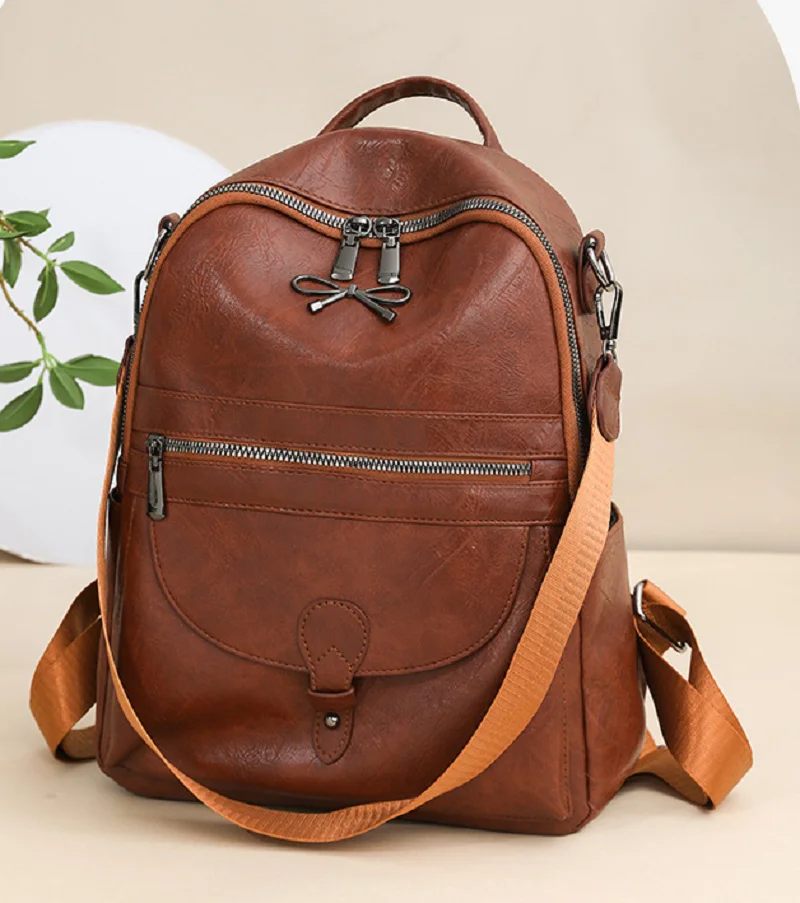 New Korean Fashion Soft Leather Double Zipper Travel Backpacks Women's Vintage Large Capacity Shoulder Bags School Bag Totes