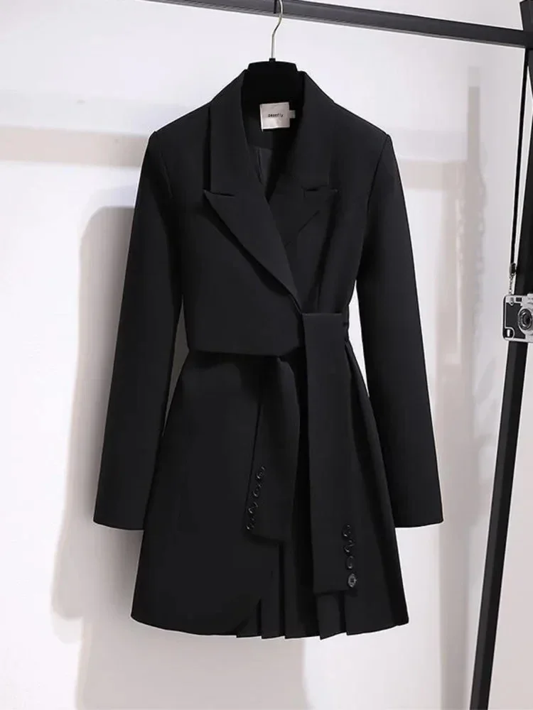 Belt Jacket New Notched Collar Long Sleeve Female Coat Fashion Autumn Blazer Dress  Lace Up Sashes Slim Fitting Dress V1534