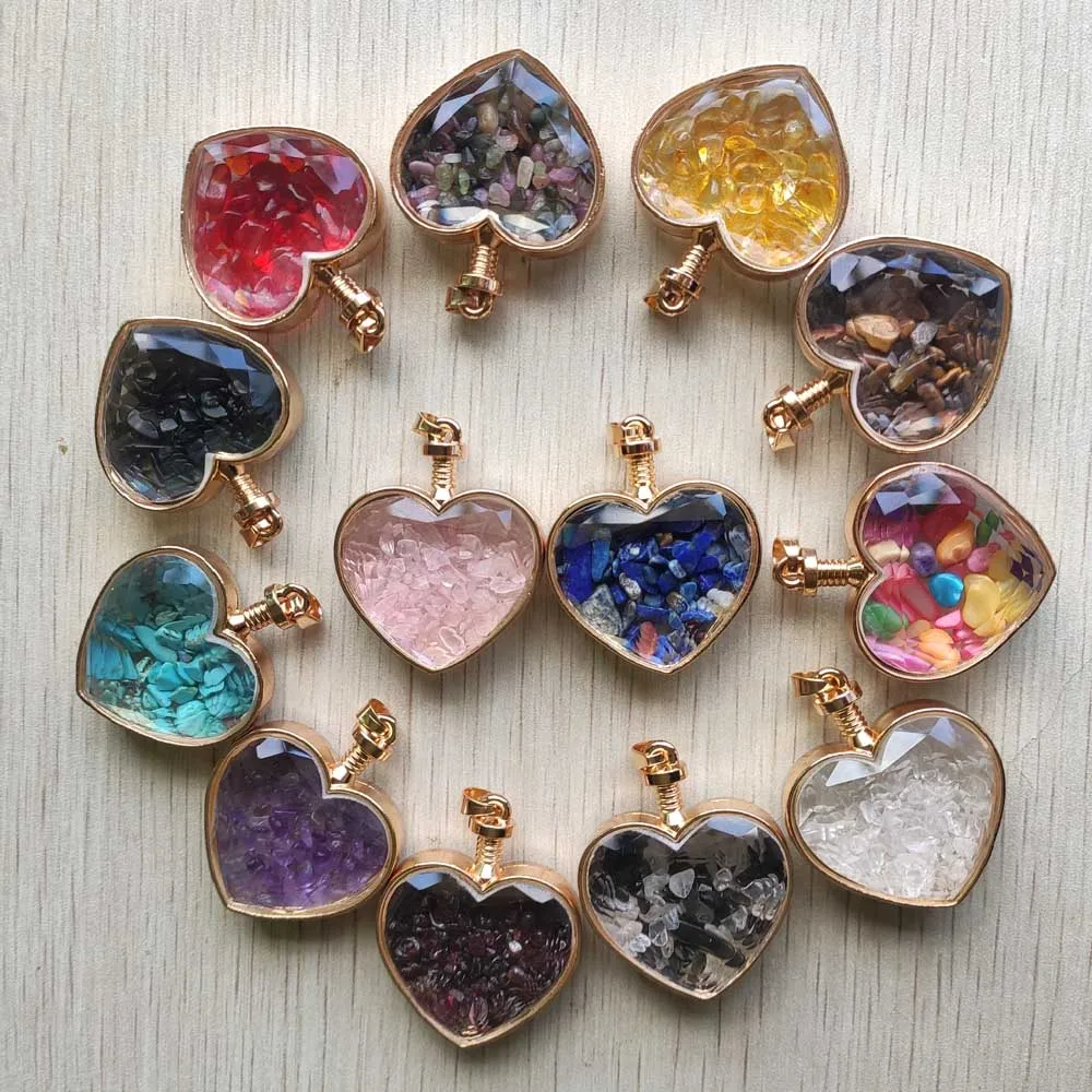 Wholesale 10pcs/lot beautiful natural stone glass heart shape pendulum gold color side pendants for jewelry making free shipping