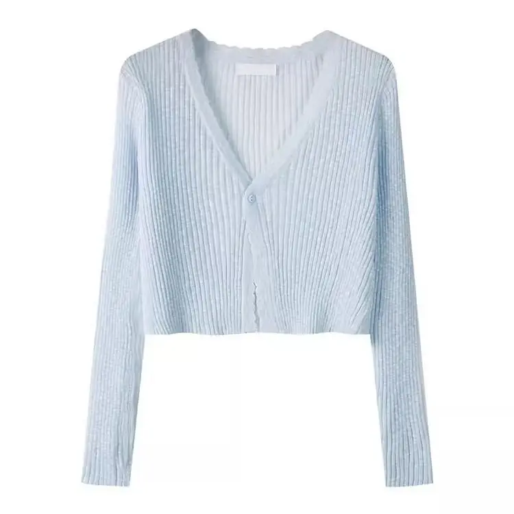 

Short Knitted Blue Cardigan Women's Summer Thin Blouse with Suspenders.