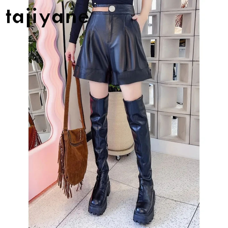 TAJIYANE Top Layer Cowhide Genuine Leather Shorts Wide Leg Baggy Shorts for Woman Midi Shorts Black Bootyshorts High Waist 바지
