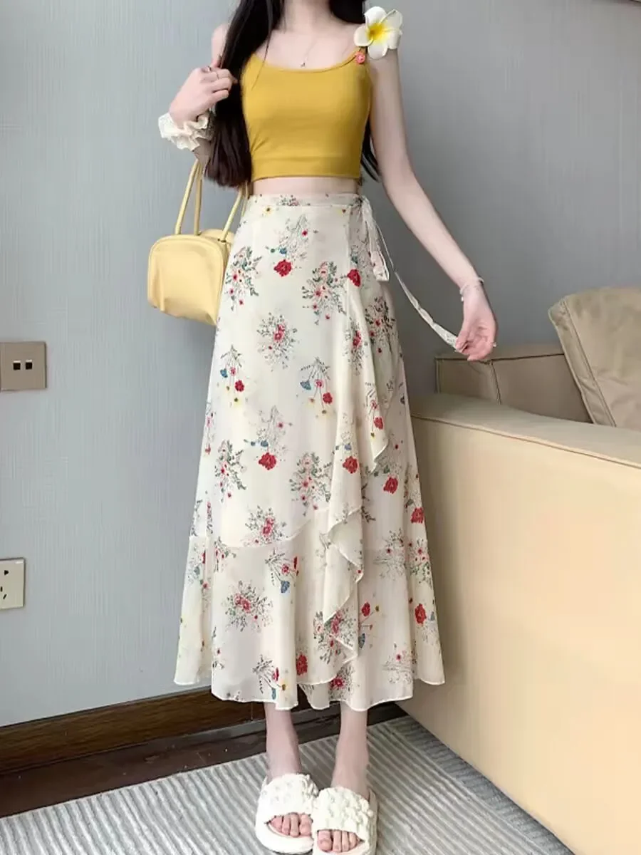 Women's Wrap Ruffle Apron Bodycon Beach Skirt 2026 Spring Summer New Versatile Chiffon Floral A-Line Skirt