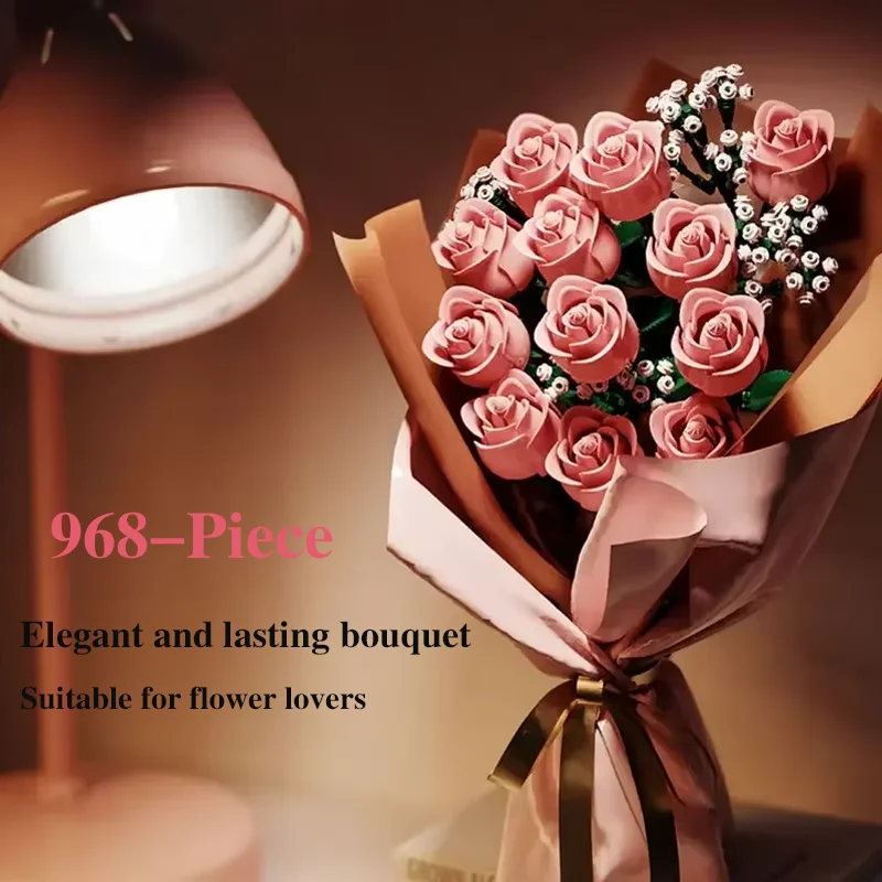 

Pink Roses Romantic Rose Flower Bouquet Building Blocks Creative Plant Decoration Assemble Bricks Toys Gifts Girls Lady 968PCS