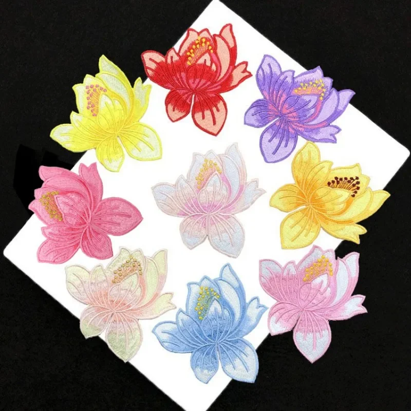 9 Colors Vintage Exquisite Embroidered Lotus Cloth Patch Cheongsam Decorative Flower Accessories DIY Iron on Patches for Clothes
