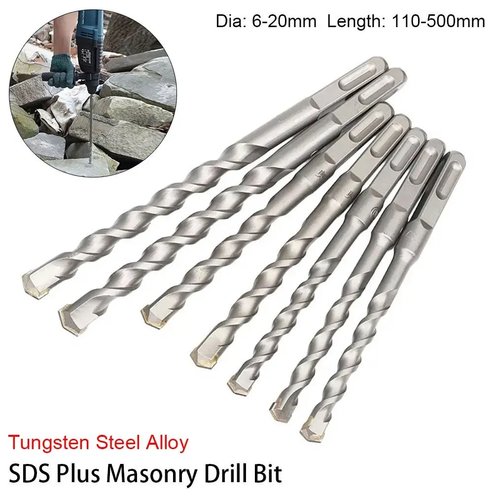 1Pcs Square Shank SDS Plus Masonry Drill Bit 6-20mm 110-500mm Carbide Concrete Drill Bit Carbide Tipped 40Cr Steel Alloy