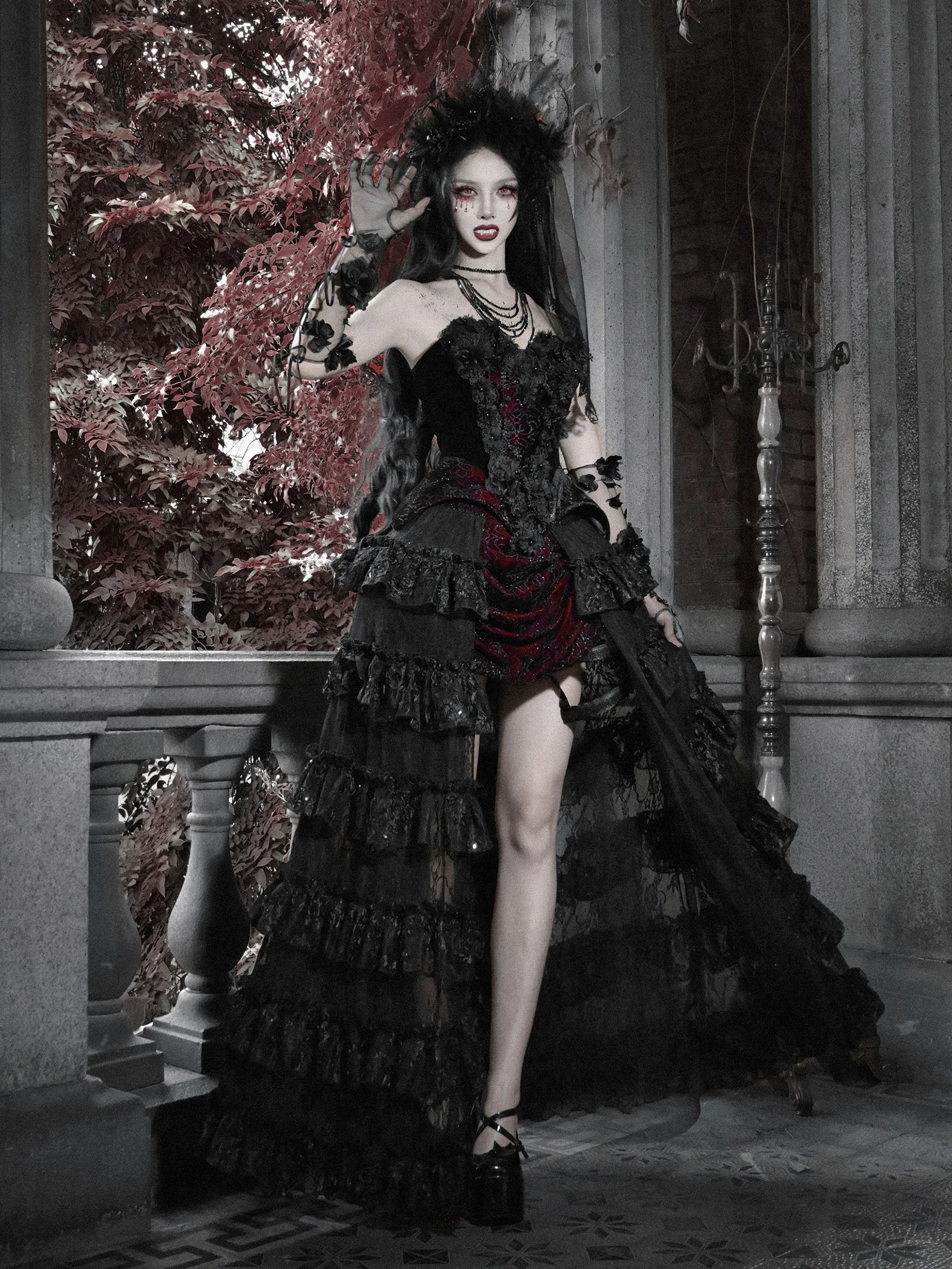 Blood Supply Original Bloody Red Gothic Multi Layers X-long Trailing Skirt High Slit Party Halloween Winter Black Skirt
