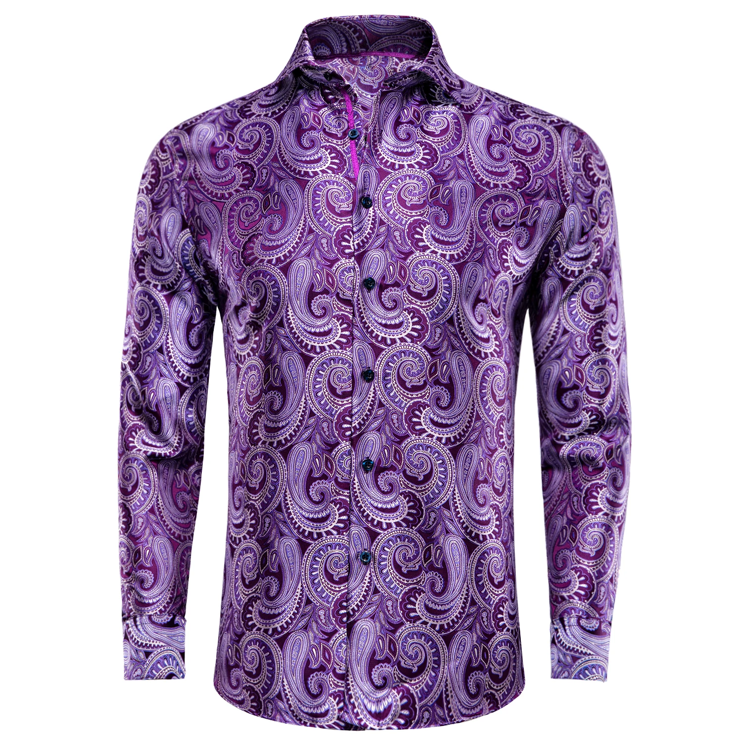 Hi-Tie Silk Mens Shirts 26 Colors Jacquard Slim Shirt Long Sleeve Casual Blouse Outerwear Summer Beach Navy Blue Pink Red Green