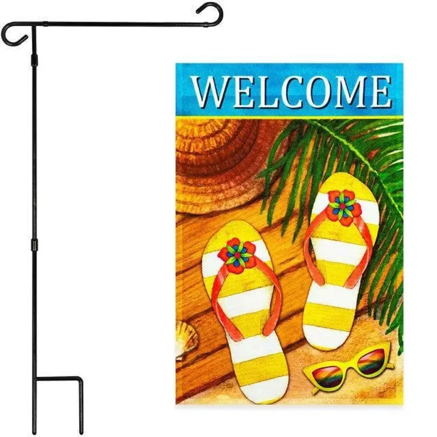 

Combo Pack: Garden Flag Stand Black 36x16 Inch and Garden Flag Welcome Summer Sandals Sunglasses 12x18 Inch