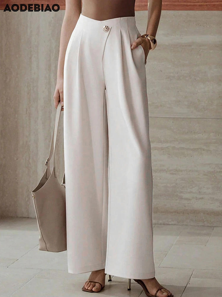 AODEBIAO Women's Straight Leg Trousers Summer Elegant Basic Pants Solid Fashion Casual Simple Office High Waist Trousers Female