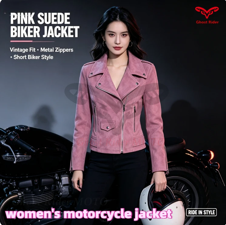 トレンドのショート丈スリムフィット、薄手の大きいサイズの薄手バイクジャケット、レディース春・秋用アメリカンスエードジャケット。