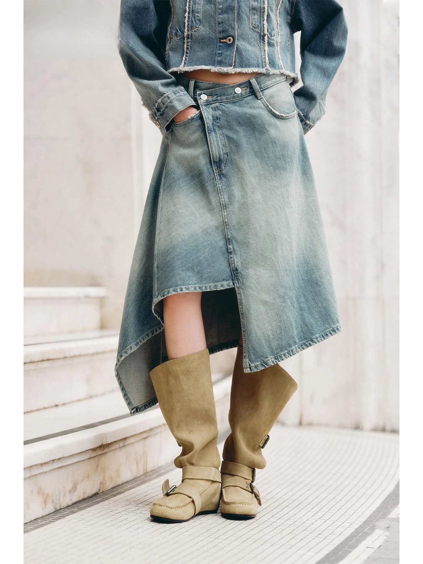 ZAPRHA2025 automne nouveau Double boutonnage a-ligne jupe Midi taille asymétrique conception décontracté dames f-longue Denim jupe