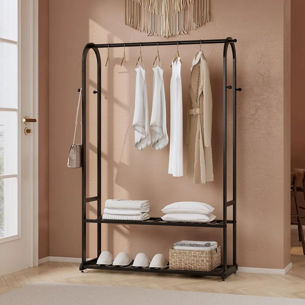 Heavy Duty Clothes Rack with Bottom Shelves & 6 side Hooks - Sturdy Metal Clothing Rack,Garment Racks for Hanging Clothes,can ke