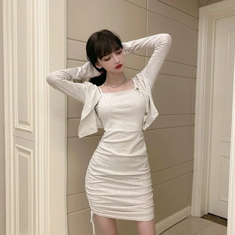

2026 New Style Pleated Camisole Midriff Dress Cardigan Set Two Piece Outfit for Women Trendy Look