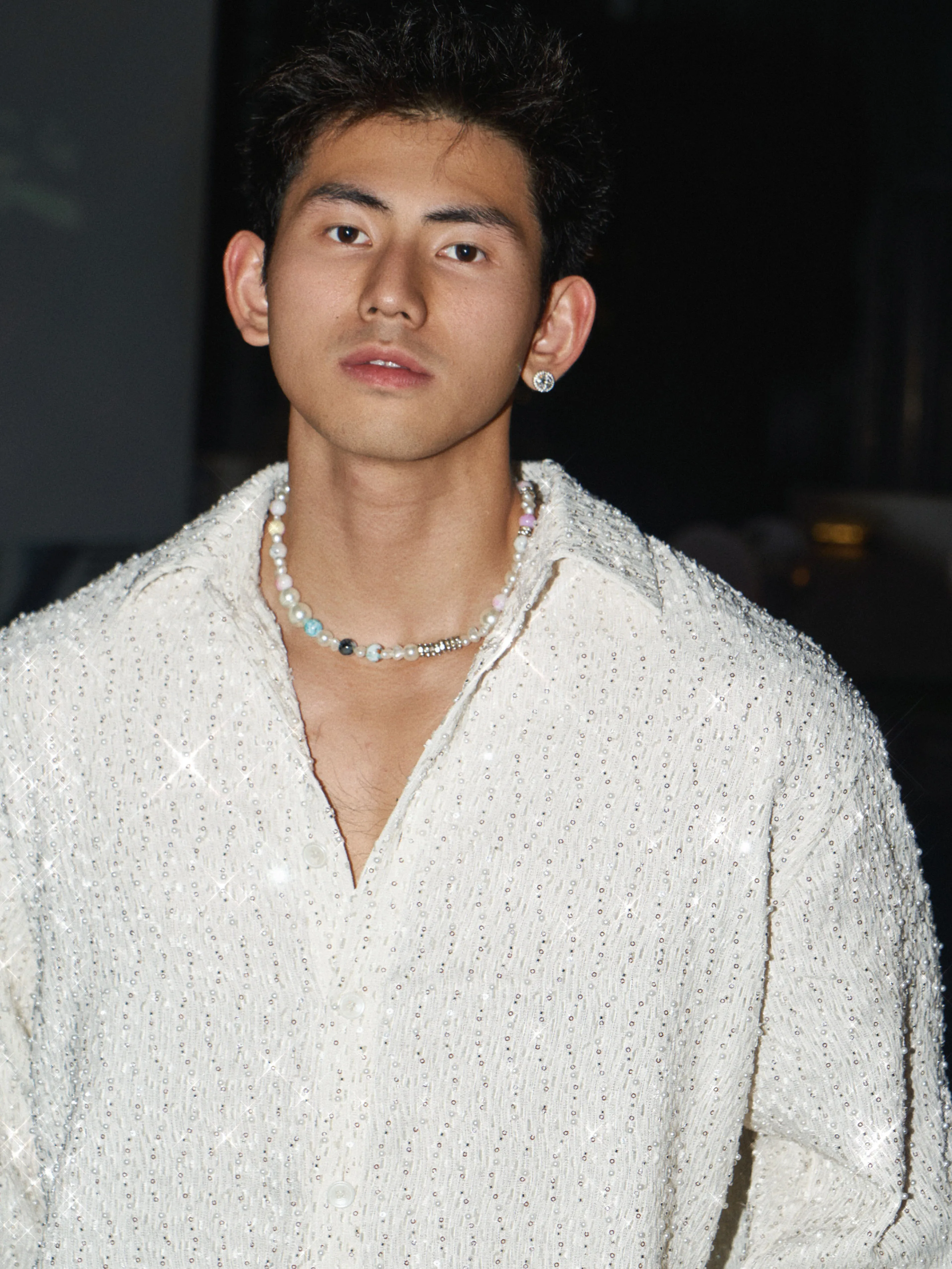 Fashion Sequin Pearl Long Sleeve Solid Color Shirts Men 2025 Autumn New Loose Comfort Trendy Shirt Male Handsome Blingbling Tops