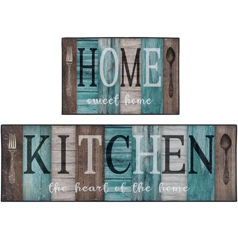 

Turquoise Teal Kitchen Rugs and Mats Non Skid Washable Set of 2 Brown Wooden Vintage Farmhouse Floor Mats Sweet Heart Home Runn