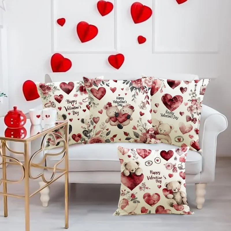 Love Bear Valentine's Day Print Home Decor Pillowcase Bedroom Living Room Sofa Decoration Polyester Cushion Cover with Zipper