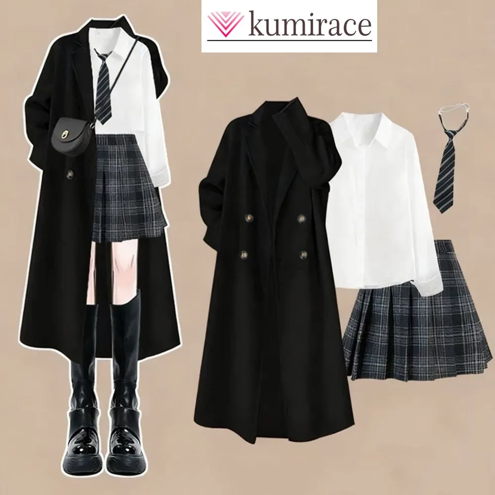 

Autumn and Winter New Korean Black Woolen Windbreaker Jacket Casual Shirt+slim Fit Skirt Four Piece Set