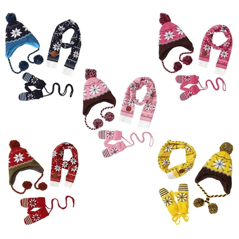 

J15U 3Pcs Kids Winter Warm Fur Ball Pompon Beanie Hat Ear Protector Cap Snowflake Long Scarf Gloves Set