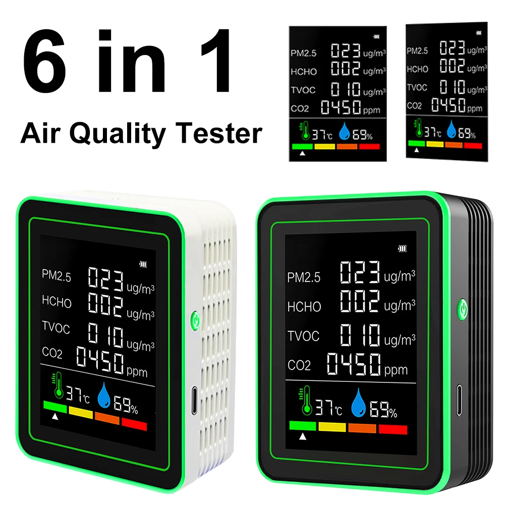 6 in 1 Air Quality Monitor CO CO2 TVOC HCHO Gas Analyzer PM2.5 PM10 AQI Formaldehyde Tester Detector Sensor for Home Office